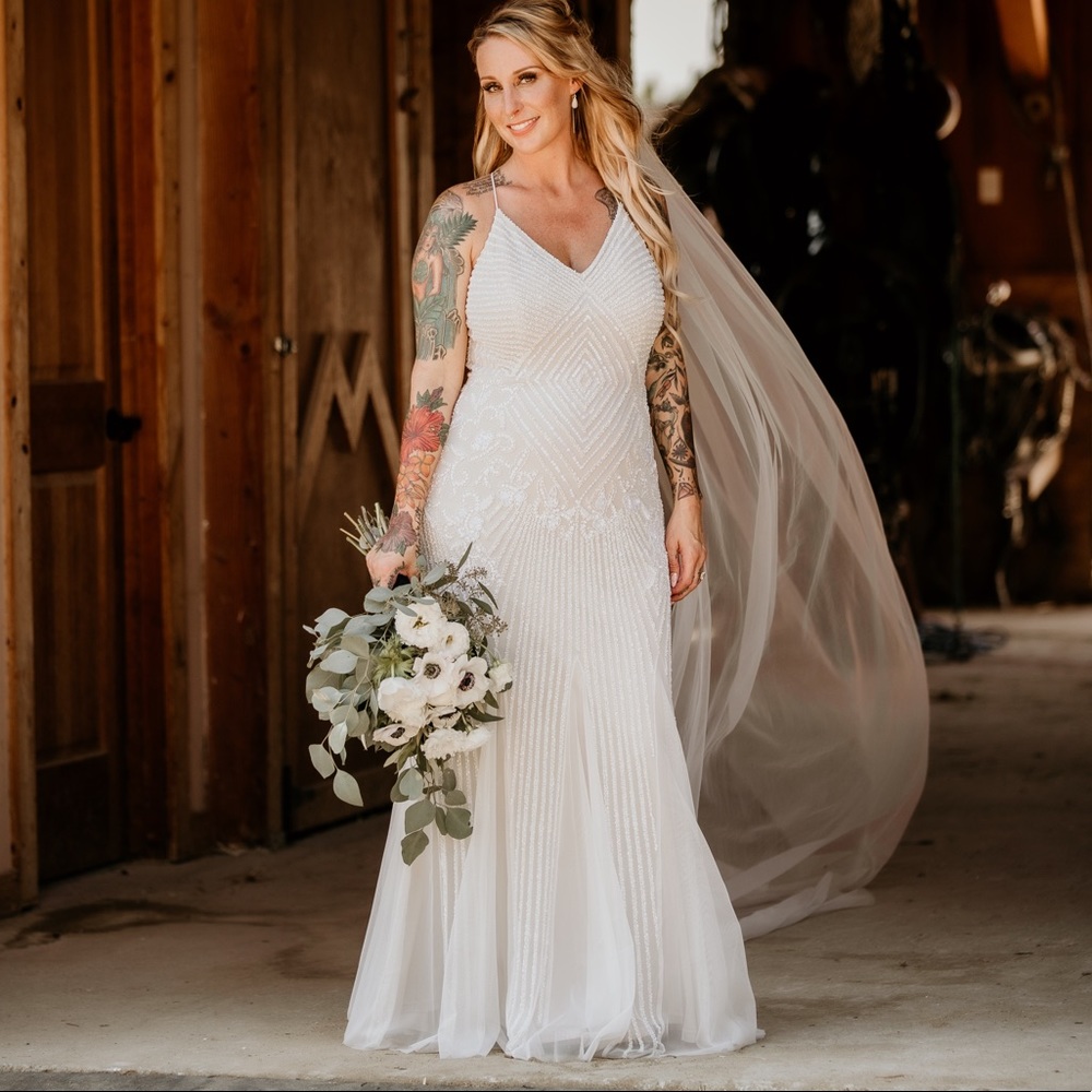 Beaded sheath v-neck wedding dress